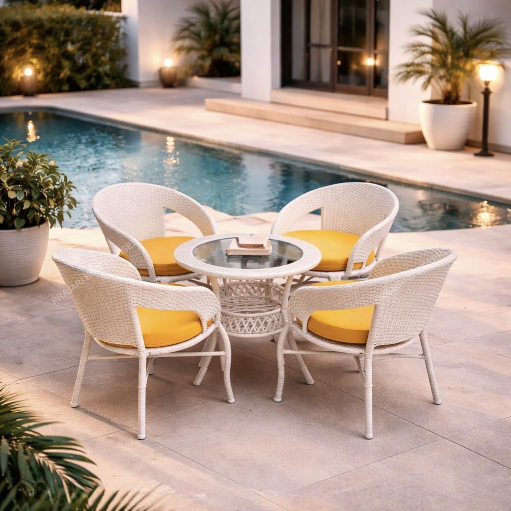 Lotey Outdoor D-12 Chairs Table Set 4+1 Wicker Patio Furniture Sets 4 Chair and 1 Table with Cushions for Garden Balcony Bedroom Powder Coated Frame Uv Protected Wicker (Cream +Yellow) - Image 2