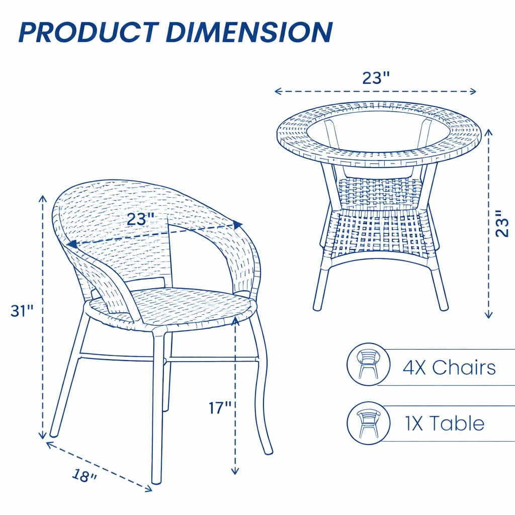 Lotey Outdoor D-12 Chairs Table Set 4+1 Wicker Patio Furniture Sets 4 Chair and 1 Table with Cushions for Garden Balcony Bedroom Powder Coated Frame Uv Protected Wicker (Cream +Yellow) - Image 3