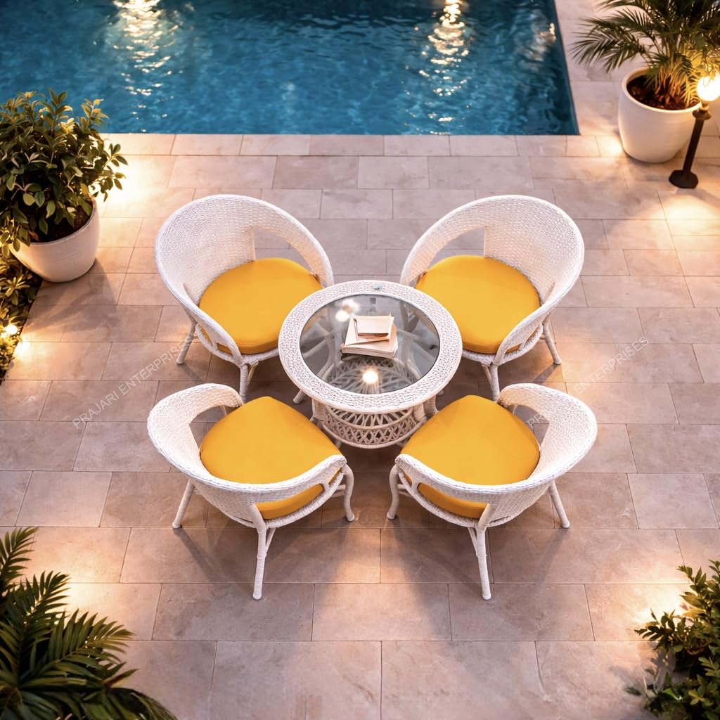 Lotey Outdoor D-12 Chairs Table Set 4+1 Wicker Patio Furniture Sets 4 Chair and 1 Table with Cushions for Garden Balcony Bedroom Powder Coated Frame Uv Protected Wicker (Cream +Yellow) - Image 4