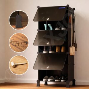 BOXJOY 6 Shelf Black Shoe Rack with 3 Doors, 5 Hook Steel Holder & Wooden Hammer Home Storage PP Plastic Organizer with Metal Door Frame and Foots for Chappal Slipper Sandals Shoes Box Stand