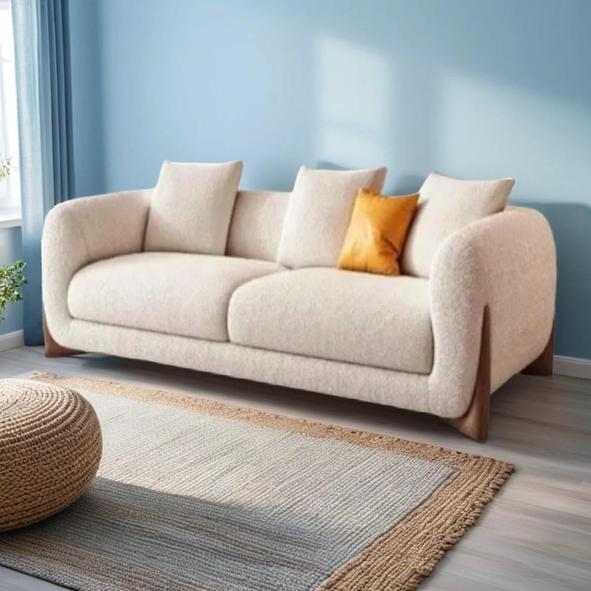 Modern Sofa Chesterfield Design with Stylish Wooden Legs Bouncy Teddy Fabric Off-White Finish Sofa for Living Room, Bedroom, Hallways (2 Seater) - Image 2
