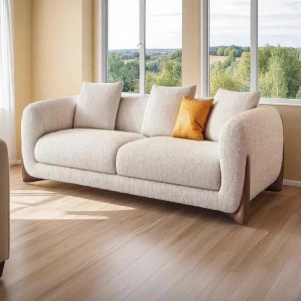 Modern Sofa Chesterfield Design with Stylish Wooden Legs Bouncy Teddy Fabric Off-White Finish Sofa for Living Room, Bedroom, Hallways (2 Seater) - Image 5